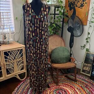 Vintage 90s Carole Little Brown Ethnic Print Button Up Maxi Kaftan House Dress